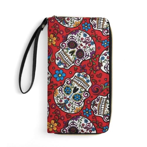 JiuPopular Geldbörse aus Leder, Mexikanische Zuckerschädel mit Seil, kleine Größe und großes Fassungsvermögen, leicht zu tragen von JiuPopular