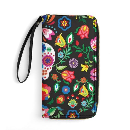 JiuPopular Geldbörse aus Leder, Mexikanische Zuckerschädel mit Seil, kleine Größe und großes Fassungsvermögen, leicht zu tragen von JiuPopular