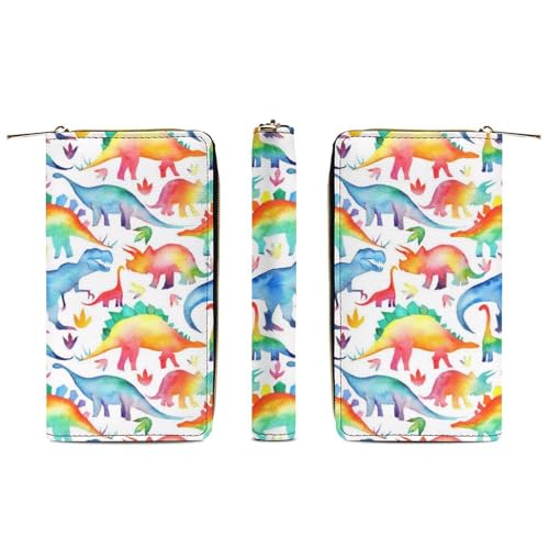 JiuPopular Geldbörse aus Leder, Regenbogen-Dinosaurier, kleine Größe und großes Fassungsvermögen, leicht zu tragen, Stil:, 19.7x10.5cm, Modern von JiuPopular
