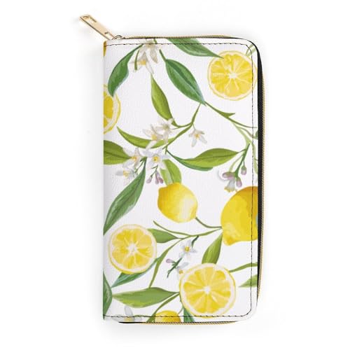 JiuPopular Geldbörse aus Leder, Zitronengelb mit Blumen und Blättern, kleine Größe und großes Fassungsvermögen, leicht zu tragen, Stil:, 19.7x10.5cm, Modern von JiuPopular