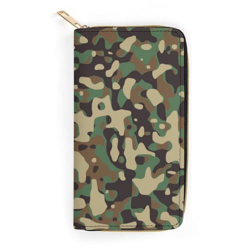 JiuPopular Geldbörse aus Leder, grünes Camouflage-Muster, kleine Größe und großes Fassungsvermögen, leicht zu tragen, Stil:, 19.7x10.5cm, Modern von JiuPopular