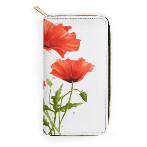 JiuPopular Geldbörse aus Leder, rote Mohnblume, kleine Größe und großes Fassungsvermögen, leicht zu tragen, Stil:, 19.7x10.5cm, Modern von JiuPopular