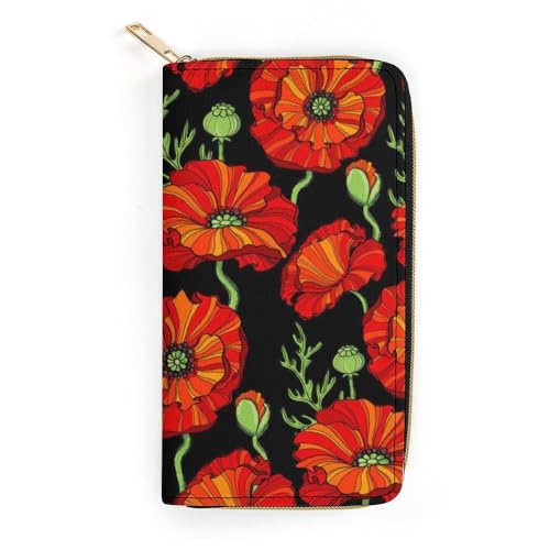 JiuPopular Geldbörse aus Leder, rote Mohnblumen, kleine Größe und großes Fassungsvermögen, leicht zu tragen, Stil:, 19.7x10.5cm, Modern von JiuPopular