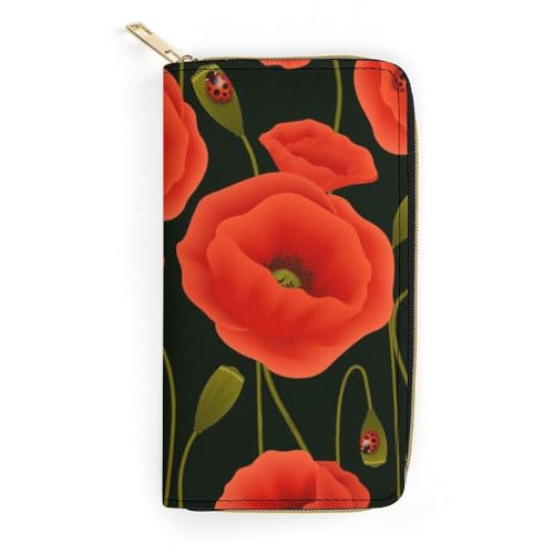 JiuPopular Geldbörse aus Leder, rote Mohnblumen, kleine Größe und großes Fassungsvermögen, leicht zu tragen, Stil:, 19.7x10.5cm, Modern von JiuPopular