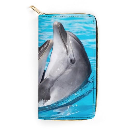 JiuPopular Geldbörse aus Leder, verspielte Delfine, kleine Größe und großes Fassungsvermögen, leicht zu tragen, Stil:, 19.7x10.5cm, Modern von JiuPopular