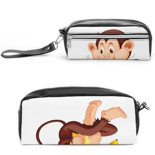 JiuPopular Leder-Federmäppchen, Affen-BananaSchreibwaren-Tasche als Federmäppchen für Büro und Schule, Business-Reisetasche oder kleine Werkzeugbox, Make-up-Tasche von JiuPopular