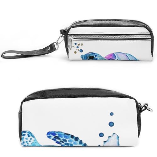 JiuPopular Leder-Federmäppchen, Aquarell-Meeresschildkröte, Schreibwaren-Tasche als Federmäppchen für Büro und Schule, Geschäftsreise oder kleine Werkzeugbox, Make-up-Tasche von JiuPopular