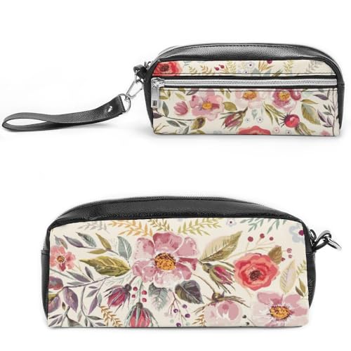 JiuPopular Leder-Federmäppchen, Aquarell-Mohnblumen, Schreibwaren-Tasche als Federmäppchen für Büro und Schule, Geschäftsreise oder kleine Werkzeugbox, Make-up-Tasche von JiuPopular