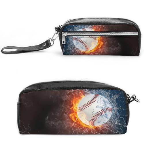 JiuPopular Leder-Federmäppchen, Baseballball-Schreibwaren-Tasche als Federmäppchen für Büro und Schule, Business-Reisetasche oder kleine Werkzeugbox, Make-up-Tasche von JiuPopular