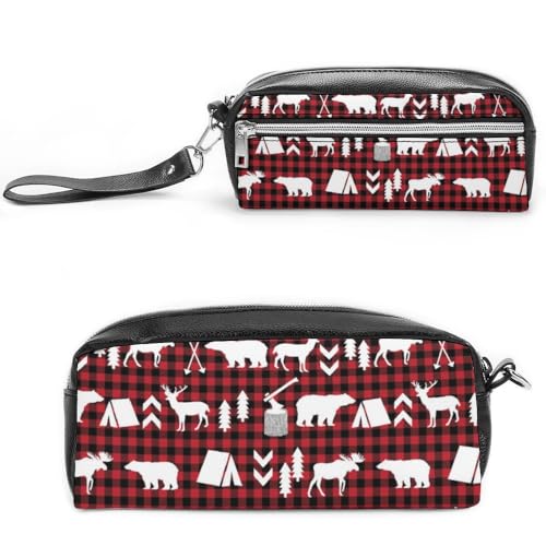 JiuPopular Leder-Federmäppchen, Büffelkariert, Wald, Weihnachten, Schreibwaren-Tasche als Federmäppchen für Büro und Schule, Geschäftsreise oder kleine Werkzeugbox, Make-up-Tasche, Stil 1, 20*10*5.5cm von JiuPopular