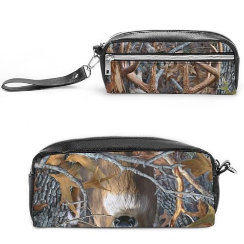 JiuPopular Leder-Federmäppchen, Camouflage-Hirsch-Schreibwaren-Tasche als Federmäppchen für Büro und Schule, Geschäftsreisetasche oder kleine Werkzeugbox, Make-up-Tasche von JiuPopular