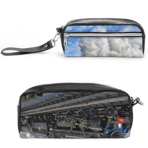 JiuPopular Leder-Federmäppchen, Eisenbahn-Dampf-Training, Schreibwaren-Tasche als Federmäppchen für Büro und Schule, Geschäftsreisetasche oder kleine Werkzeugbox, Make-up-Tasche von JiuPopular
