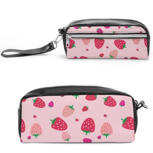 JiuPopular Leder-Federmäppchen, Erdbeer-Muster, Schreibwaren-Tasche als Federmäppchen für Büro und Schule, Geschäftsreisetasche oder kleine Werkzeugbox, Make-up-Tasche von JiuPopular