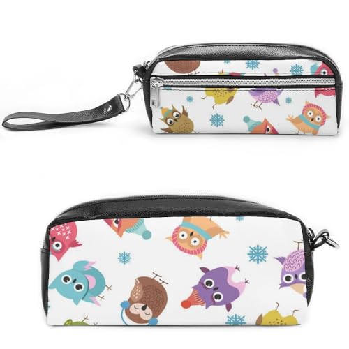JiuPopular Leder-Federmäppchen, Eulen-Muster, Schreibwaren-Tasche als Federmäppchen für Büro und Schule, Geschäftsreisetasche oder kleine Werkzeugbox, Make-up-Tasche von JiuPopular