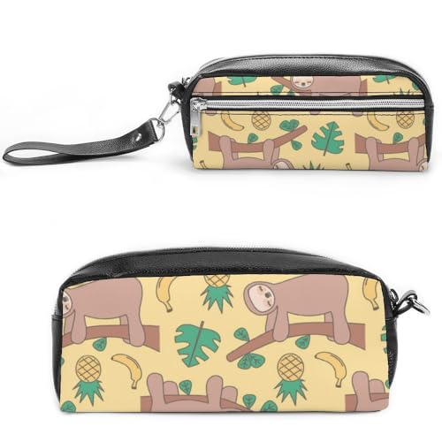 JiuPopular Leder-Federmäppchen, Faultier-BananananasSchreibwaren-Tasche als Federmäppchen für Büro und Schule, Geschäftsreise oder kleine Werkzeugbox, Make-up-Tasche von JiuPopular