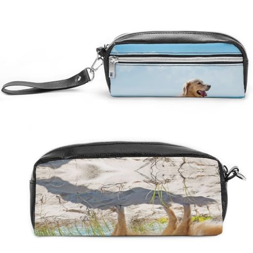 JiuPopular Leder-Federmäppchen, Golden RetrieverSchreibwaren-Tasche als Federmäppchen für Büro und Schule, Business-Reisetasche oder kleine Werkzeugbox, Make-up-Tasche von JiuPopular