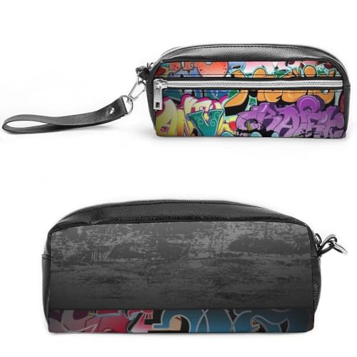 JiuPopular Leder-Federmäppchen, Graffiti-Hip-HopSchreibwaren-Tasche als Federmäppchen für Büro und Schule, Geschäftsreisetasche oder kleine Werkzeugbox, Make-up-Tasche von JiuPopular