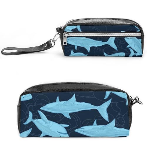 JiuPopular Leder-Federmäppchen, Haifisch-Muster, Schreibwaren-Tasche als Federmäppchen für Büro und Schule, Geschäftsreisetasche oder kleine Werkzeugbox, Make-up-Tasche von JiuPopular