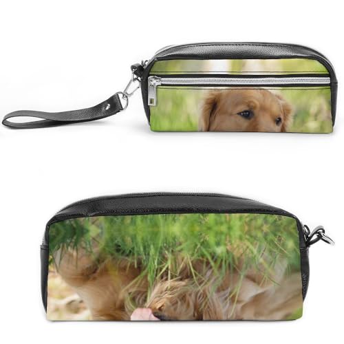 JiuPopular Leder-Federmäppchen, Hund Golden RetrieverSchreibwaren-Tasche als Federmäppchen für Büro und Schule, Geschäftsreisetasche oder kleine Werkzeugbox, Make-up-Tasche von JiuPopular