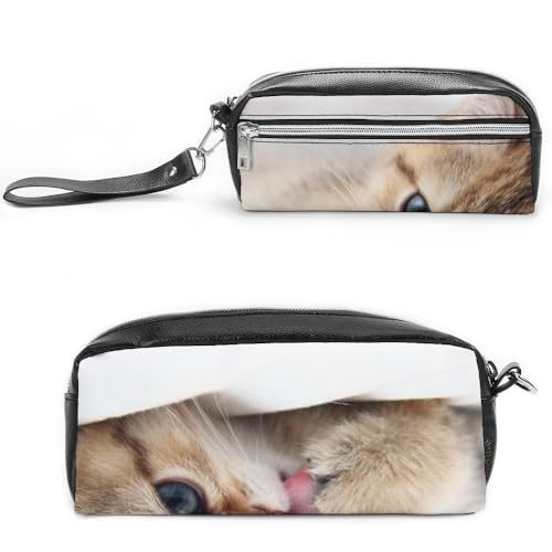 JiuPopular Leder-Federmäppchen, Katzenmuster, Schreibwaren-Tasche als Federmäppchen für Büro und Schule, Geschäftsreisetasche oder kleine Werkzeugbox, Make-up-Tasche von JiuPopular