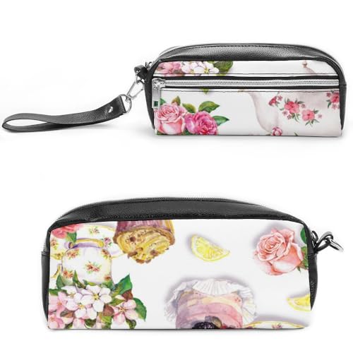 JiuPopular Leder-Federmäppchen, Kuchen- und Teekannen-Blumenmuster, Schreibwaren-Tasche als Federmäppchen für Büro und Schule, Geschäftsreise oder kleine Werkzeugbox, Make-up-Tasche von JiuPopular