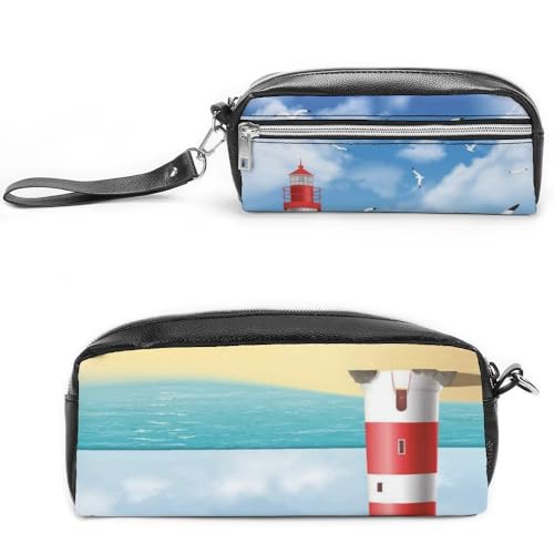 JiuPopular Leder-Federmäppchen, LeuchtturmSchreibwaren-Tasche als Federmäppchen für Büro und Schule, Geschäftsreisetasche oder kleine Werkzeugbox, Make-up-Tasche von JiuPopular