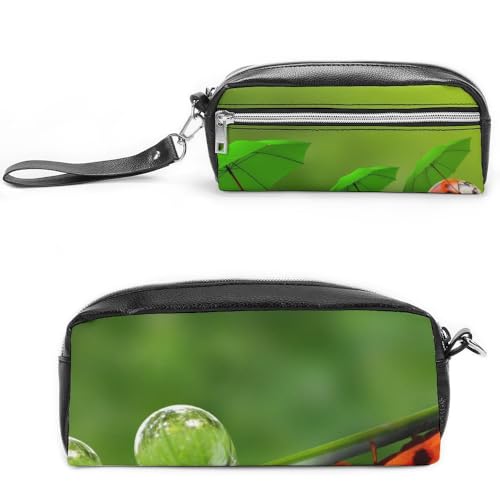 JiuPopular Leder-Federmäppchen, Marienkäfer, grüne Landschaft, Schreibwaren-Tasche als Federmäppchen für Büro und Schule, Geschäftsreise oder kleine Werkzeugbox, Make-up-Tasche von JiuPopular
