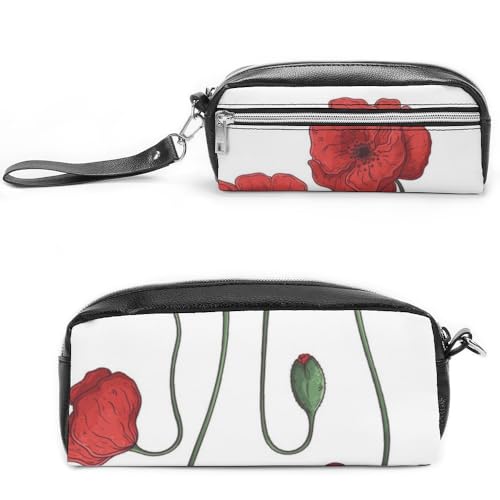 JiuPopular Leder-Federmäppchen, Mohnblumen, Schreibwaren-Tasche als Federmäppchen für Büro und Schule, Geschäftsreisetasche oder kleine Werkzeugbox, Make-up-Tasche von JiuPopular