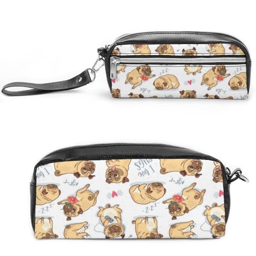 JiuPopular Leder-Federmäppchen, Mops-DogSchreibwaren-Tasche als Federmäppchen für Büro und Schule, Business-Reisetasche oder kleine Werkzeugbox, Make-up-Tasche von JiuPopular