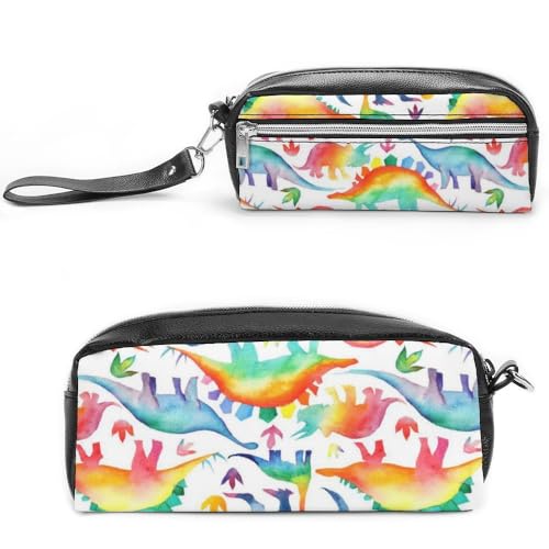 JiuPopular Leder-Federmäppchen, Regenbogen-DinosaurierSchreibwaren-Tasche als Federmäppchen für Büro und Schule, Business-Reisetasche oder kleine Werkzeugbox, Make-up-Tasche von JiuPopular