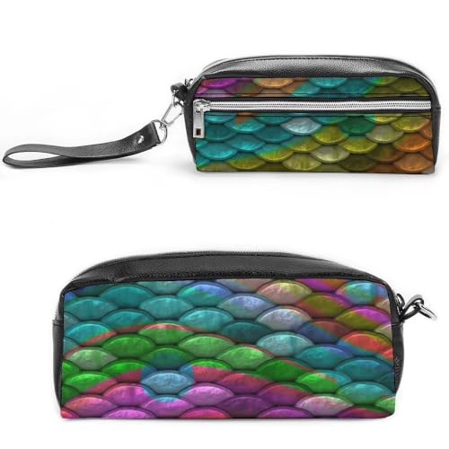JiuPopular Leder-Federmäppchen, Regenbogenfischschuppen, Schreibwaren-Tasche als Federmäppchen für Büro und Schule, Business-Reisetasche oder kleine Werkzeugbox, Make-up-Tasche von JiuPopular