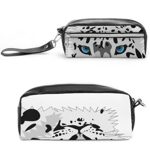 JiuPopular Leder-Federmäppchen, Schneeleopard-Schreibwaren-Tasche als Federmäppchen für Büro und Schule, Business-Reisetasche oder kleine Werkzeugbox, Make-up-Tasche von JiuPopular