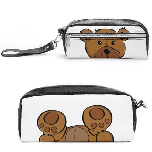 JiuPopular Leder-Federmäppchen, Teddybär-Schreibwaren-Tasche als Federmäppchen für Büro und Schule, Business-Reisetasche oder kleine Werkzeugbox, Make-up-Tasche von JiuPopular