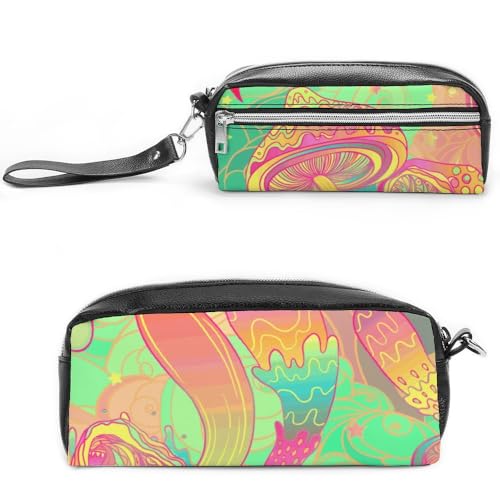 JiuPopular Leder-Federmäppchen, Trippy MushroomSchreibwaren-Tasche als Federmäppchen für Büro und Schule, Geschäftsreisetasche oder kleine Werkzeugbox, Make-up-Tasche von JiuPopular