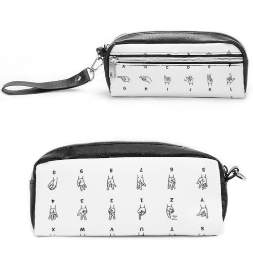 JiuPopular Leder-Federmäppchen, Zeichensprache, AlphabetSchreibwaren-Tasche als Federmäppchen für Büro und Schule, Geschäftsreisetasche oder kleine Werkzeugbox, Make-up-Tasche von JiuPopular