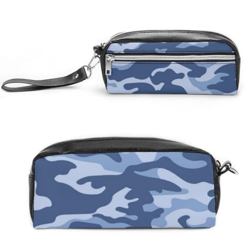 JiuPopular Leder-Federmäppchen, blaues CamouflageSchreibwarenetui als Federmäppchen für Büro und Schule, Geschäftsreisetasche oder kleine Werkzeugbox, Make-up-Tasche von JiuPopular