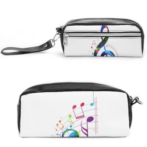 JiuPopular Leder-Federmäppchen, bunte Musiknoten, Schreibwaren-Tasche als Federmäppchen für Büro und Schule, Business-Reisetasche oder kleine Werkzeugbox, Make-up-Tasche von JiuPopular