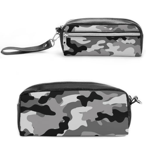 JiuPopular Leder-Federmäppchen, graues CamouflageSchreibwarenetui als Federmäppchen für Büro und Schule, Business-Reisetasche oder kleine Werkzeugbox, Make-up-Tasche von JiuPopular