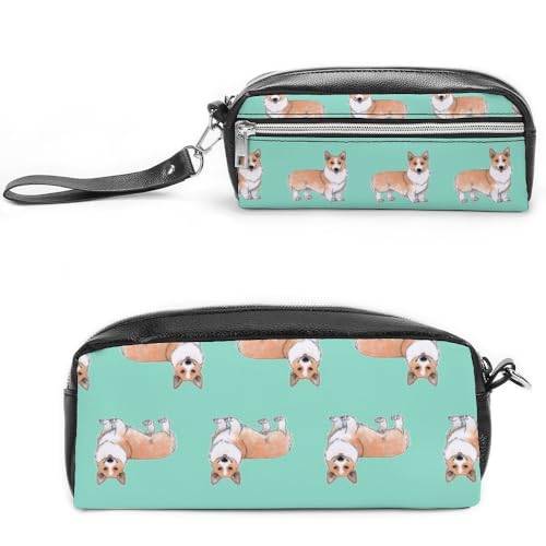 JiuPopular Leder-Federmäppchen, niedliches Corgi-Haustier- und Milchtee-Schreibwaren-Tasche als Federmäppchen für Büro und Schule, Geschäftsreisetasche oder kleine Werkzeugbox, Make-up-Tasche von JiuPopular