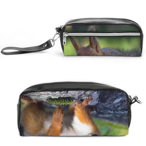 JiuPopular Leder-Federmäppchen, niedliches Eichhörnchen-Schreibwarenetui als Federmäppchen für Büro und Schule, Geschäftsreisetasche oder kleine Werkzeugbox, Make-up-Tasche von JiuPopular