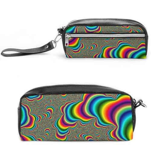 JiuPopular Leder-Federmäppchen, psychedelischer Trippy-Regenbogen, Schreibwaren-Tasche als Federmäppchen für Büro und Schule, Geschäftsreise oder kleine Werkzeugbox, Make-up-Tasche von JiuPopular
