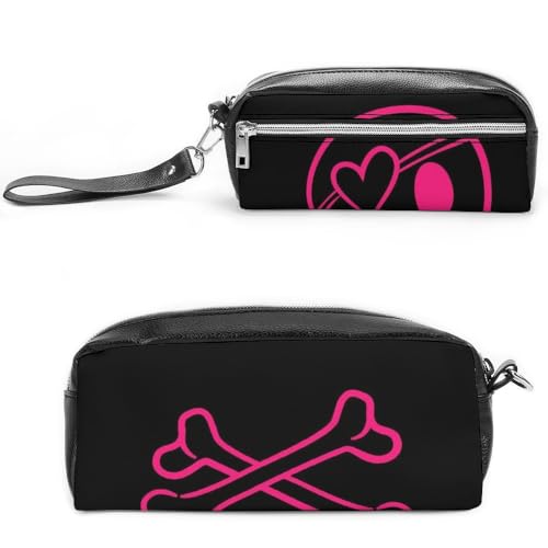 JiuPopular Leder-Federmäppchen, rosa niedlicher Totenkopf-Schreibwarenbeutel als Federmäppchen für Büro und Schule, Geschäftsreisetasche oder kleine Werkzeugbox, Make-up-Tasche von JiuPopular