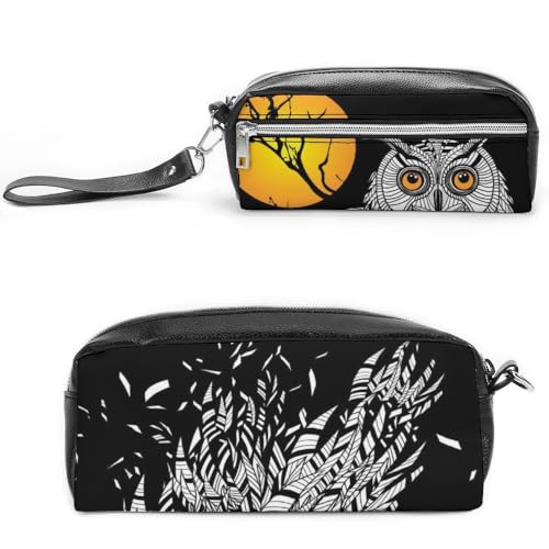 JiuPopular Leder-Federmäppchen, schwarze Eule, Schreibwaren-Tasche als Federmäppchen für Büro und Schule, Geschäftsreisetasche oder kleine Werkzeugbox, Make-up-Tasche von JiuPopular
