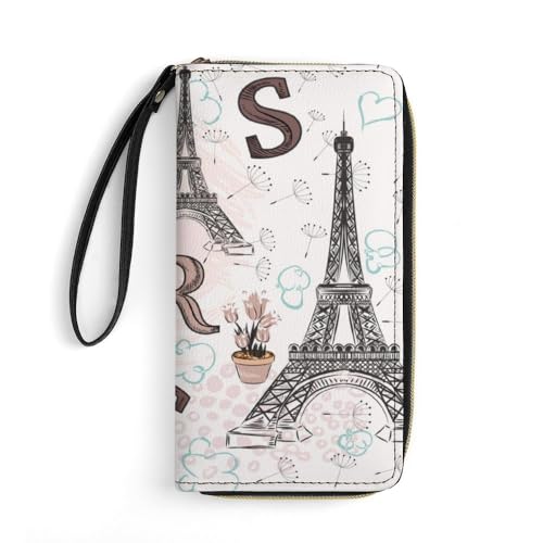 JiuPopular Leder Geldbörse Paris Eiffelturm Floral, mit Seil, kleine Größe und großes Fassungsvermögen, leicht zu tragen von JiuPopular