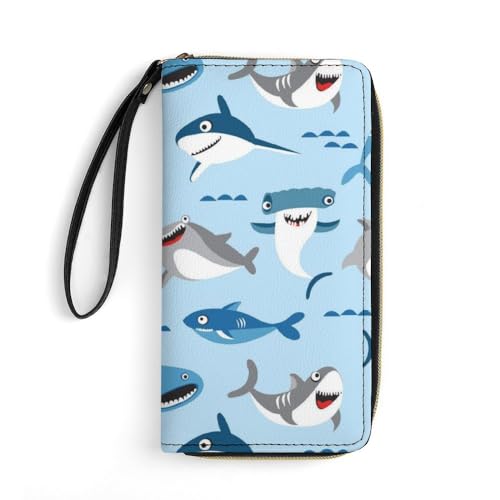 JiuPopular Ledergeldbörse, Hai-Blau, niedlicher Cartoon, mit Seil, kleine Größe und großes Fassungsvermögen, leicht zu tragen von JiuPopular