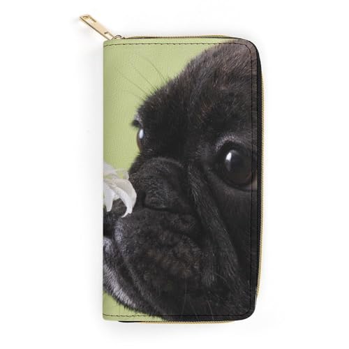 JiuPopular Ledergeldbörse, Hundemuster, Mops-Blume, kleine Größe und großes Fassungsvermögen, leicht zu tragen, Stil:, 19.7x10.5cm, Modern von JiuPopular