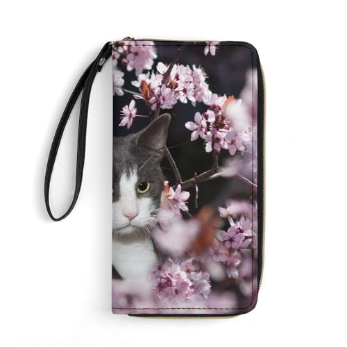 JiuPopular Ledergeldbörse, Katzen- und Kirschblüten, mit Seil, kleine Größe und großes Fassungsvermögen, leicht zu tragen von JiuPopular