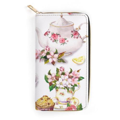 JiuPopular Ledergeldbörse, Kuchen- und Teekannen-Blumen, kleine Größe und großes Fassungsvermögen, leicht zu tragen, Stil:, 19.7x10.5cm, Modern von JiuPopular