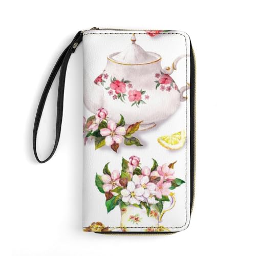 JiuPopular Ledergeldbörse, Kuchen- und Teekannenblumen, mit Seil, kleine Größe und großes Fassungsvermögen, leicht zu tragen von JiuPopular