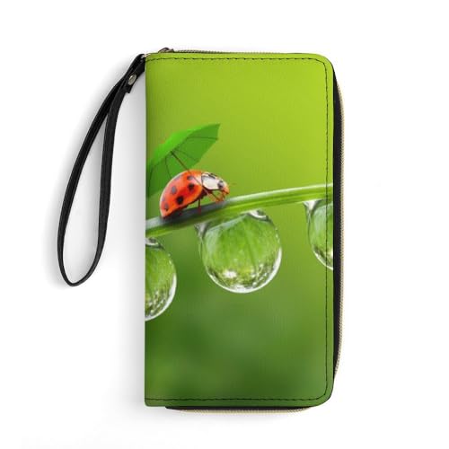 JiuPopular Ledergeldbörse, Marienkäfer, grüne Landschaft, mit Seil, kleine Größe und großes Fassungsvermögen, leicht zu tragen von JiuPopular